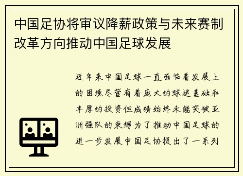 中国足协将审议降薪政策与未来赛制改革方向推动中国足球发展
